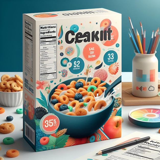 Photo vibrant food product box mockup eyecatching design with nutrition facts imagery