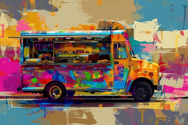 A vibrant food truck filled with delicious treats parked on the side of the road Create an abstract interpretation of a food truck specializing in authentic Mexican street tacos