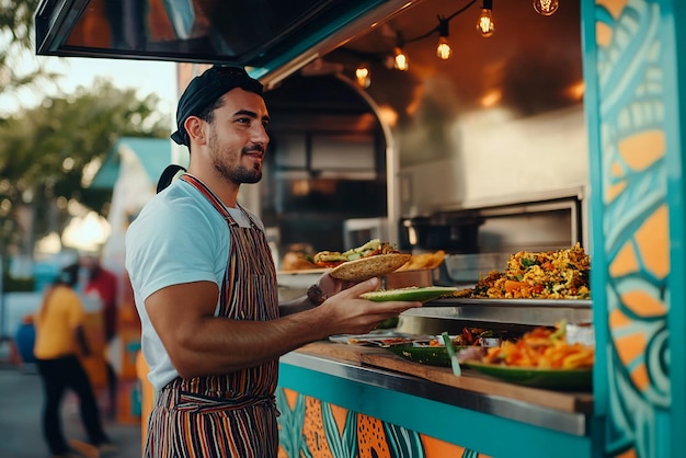 Photo vibrant food truck serving exotic street food