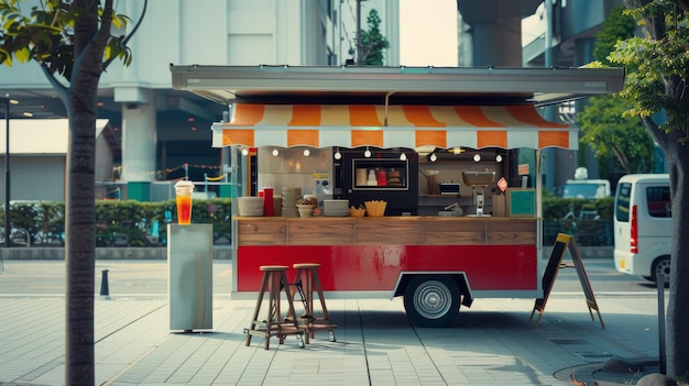 Photo a vibrant food truck with an orange and white striped canopy stands ready to serve with stools and a refreshing drink nearby on a sunny urban street