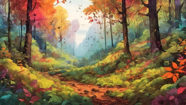 A vibrant forest alive with the sounds of birdsong and the rustling of leaves illustration