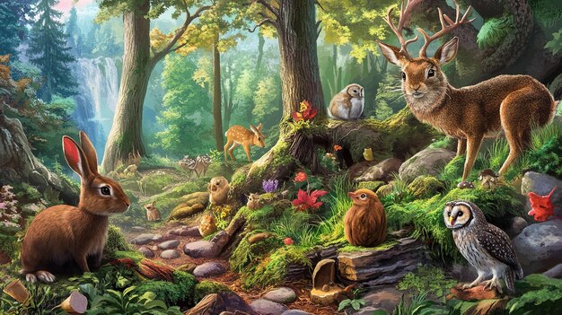 Photo a vibrant forest scene featuring a deer owls rabbits and various wildlife near a waterfall in a lush green environment