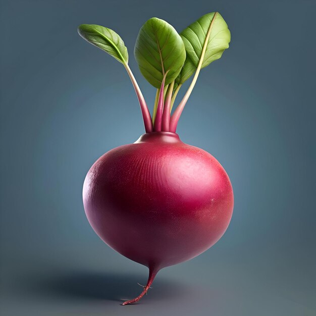 A vibrant fresh beet with a rich crimson hue and lush green leaves isolated against a serene blue background