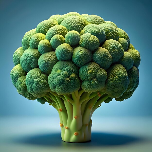 A vibrant fresh broccoli floret stands out against a blue background