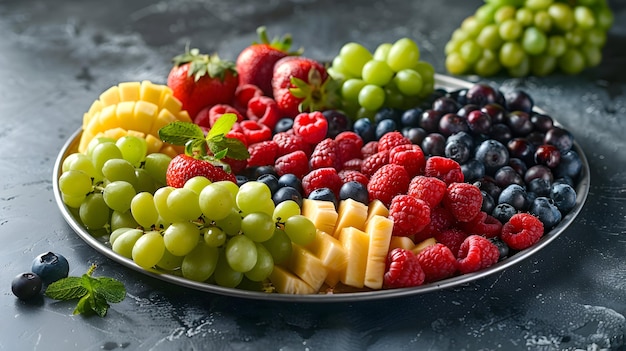 Vibrant Fresh Fruit Platter on Glossy Backdrop High Resolution Photo Emphasizing Colorful and Heal