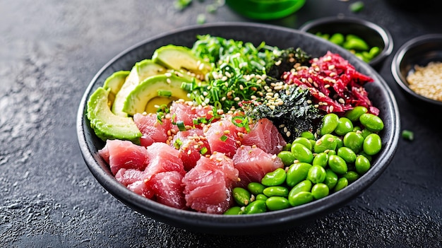 Photo vibrant and fresh poke bowl featuring raw tuna avocado edamame and seaweed salad delight