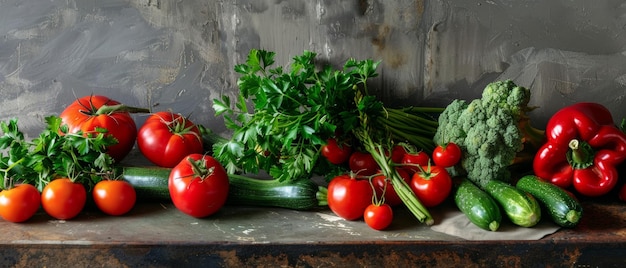 Vibrant and fresh vegetables artfully displayed on rustic kitchen surface