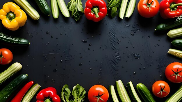 Photo vibrant fresh vegetables on textured black background with water drops