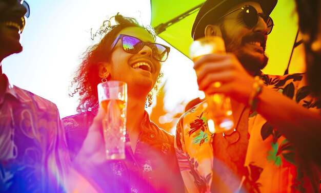 Vibrant friends toasting at a sunset party