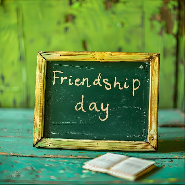 Vibrant Friendship Day Text on Whiteboard Against Lime Green Background