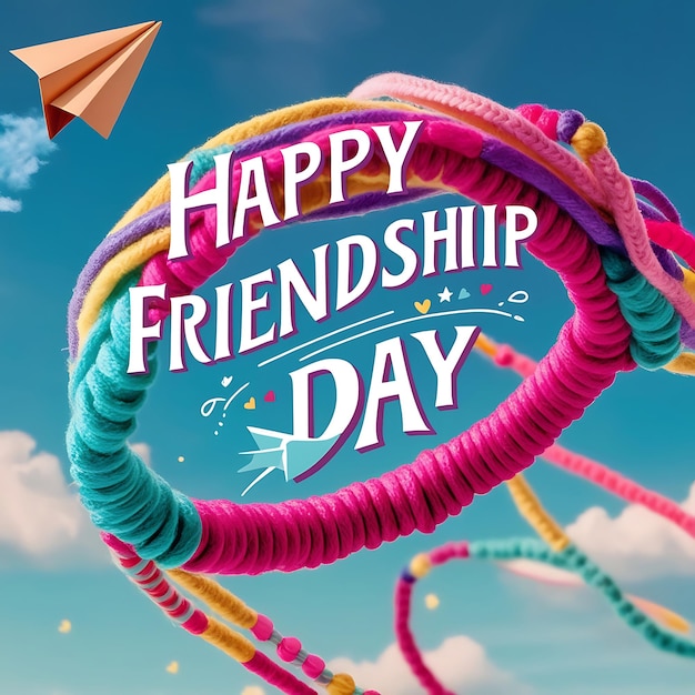 Photo a vibrant friendship day with colorful bracelets and a soaring paper plane