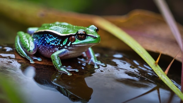 A vibrant frog perched on a leaf near water showcasing its colorful skin and reflection