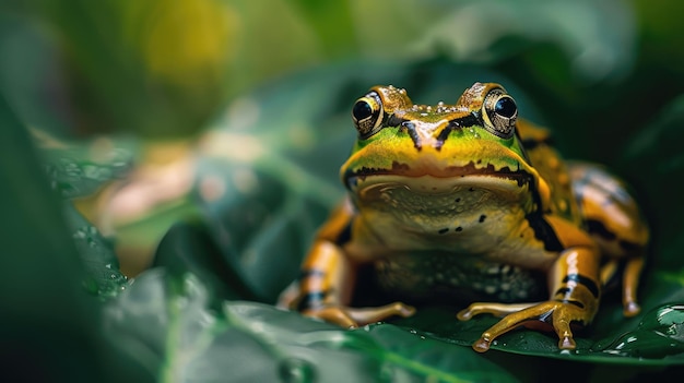 Vibrant frog sits on leaf surrounded by lush foliage