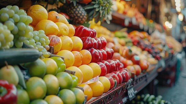 Vibrant Fruit Market Stall Brimming With Fresh Produce on a Sunny Afternoon in a Bustling City