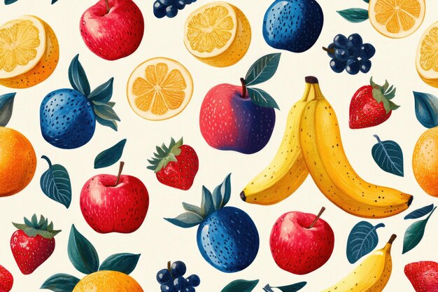 Photo vibrant fruit medley pattern cheerful background of apples bananas strawberries colorful healthy diet design