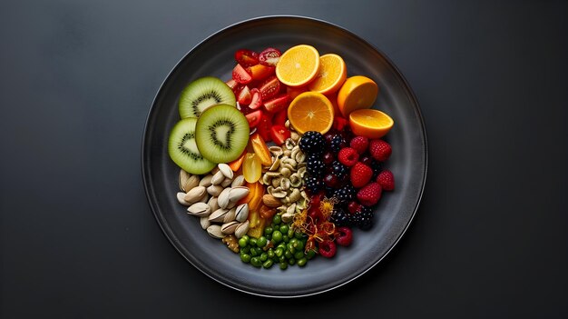 Photo vibrant fruit and nut plate radiating freshness in plantbased diet celebration