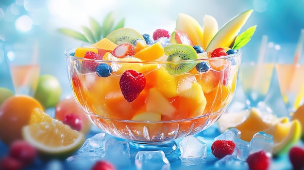 A vibrant fruit salad in a bowl garnished and served with ice for a refreshing treat