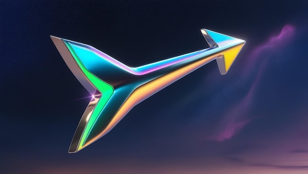 A vibrant and futuristic 3D arrow pointing up and left rendered in a sleek metallic style with glow