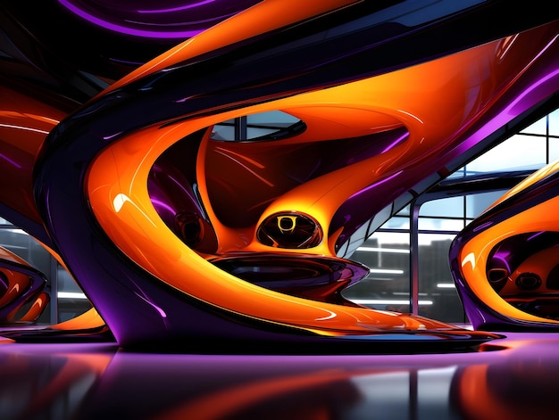 Vibrant Futuristic Abstract Interior with Curved Structural Design Elements and Dynamic Lighting