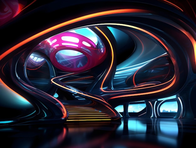 Vibrant Futuristic Architectural Design with Curved Structures and Neon Lighting in a SciFi Interior Scene