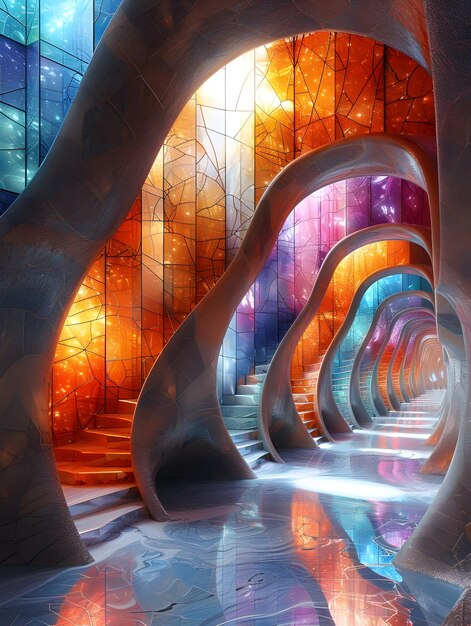 Photo vibrant futuristic architectural tunnel with colorful lighting and reflective walkway