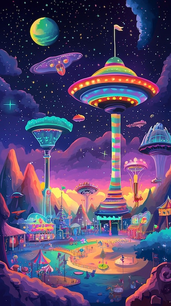 Photo a vibrant futuristic carnival scene with colorful structures and a cosmic backdrop