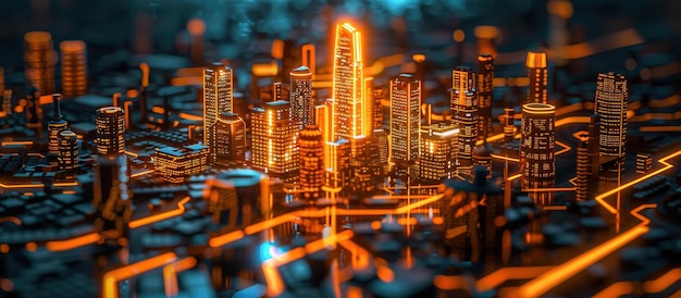 A vibrant futuristic cityscape featuring glowing skyscrapers and neon lights showcasing a digital urban environment