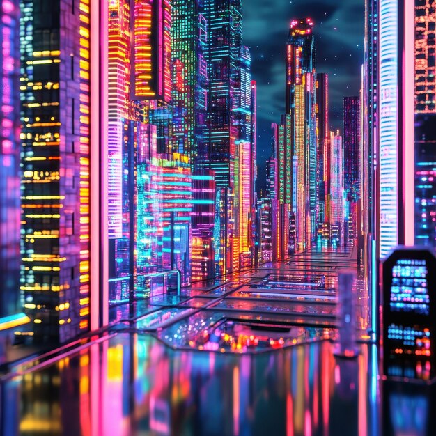 Photo vibrant futuristic cityscape illuminated by neon lights at night