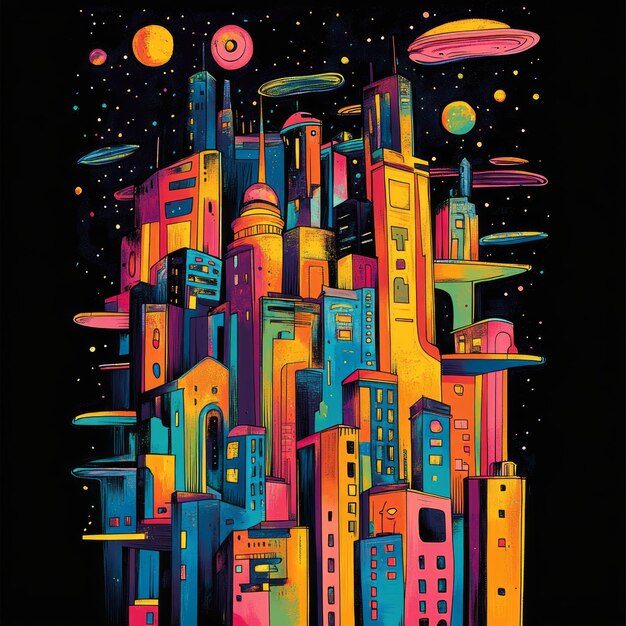 Photo a vibrant futuristic cityscape with colorful buildings and floating elements against a starry background