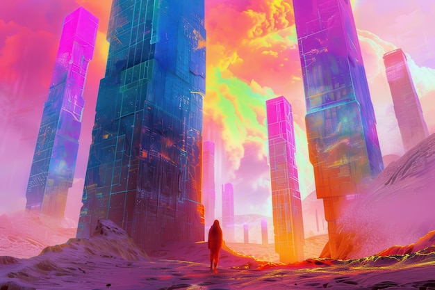 Photo vibrant futuristic cityscape with a lonely wanderer in the desert