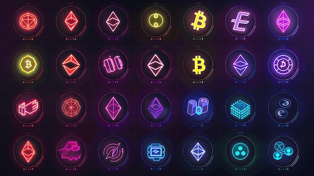 Photo a vibrant futuristic display of various cryptocurrency logos with neon glowing effects