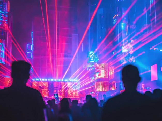 Vibrant futuristic festival with holograms and colorful light displays