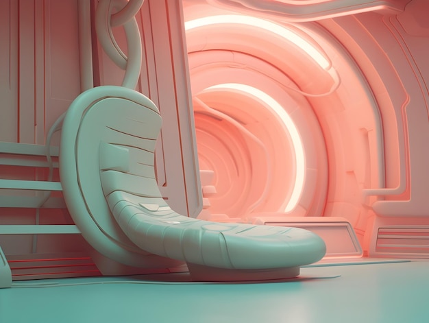 Vibrant Futuristic Interior with Curved Architectural Design in SciFi Inspired Color Palette and Lighting