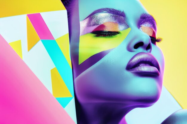 Photo a vibrant futuristic portrait showcasing a person with makeup in vivid colors and geometric patterns against a colorful abstract background