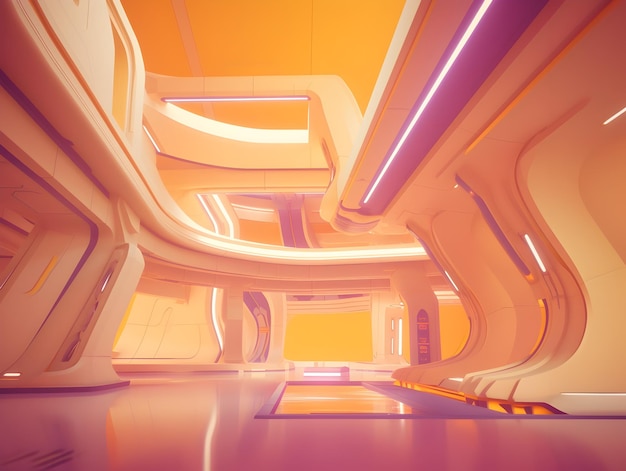 Vibrant Futuristic SciFi Interior with Curved Architectural Design Elements and Striking Color Palette