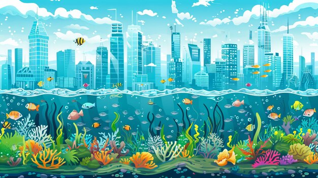 Photo vibrant futuristic underwater cityscape with marine life and modern skyscrapers concept of aquatic metropolis oceanic architecture underwater urbanization cartoon illustration