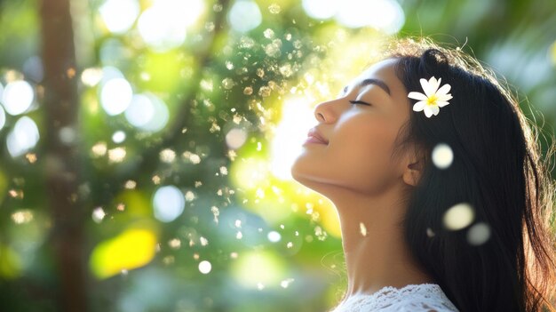 Photo in a vibrant garden filled with greenery a woman relaxes as soft flower petals float around her reflecting serenity and connection to nature while enjoying a moment of calmness