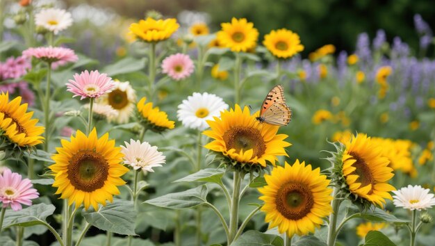 A vibrant garden scene with sunflowers blossoms and a butterfly