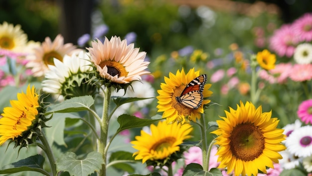 A vibrant garden scene with sunflowers blossoms and a butterfly