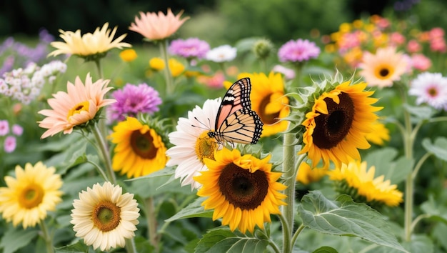 Photo a vibrant garden scene with sunflowers blossoms and a butterfly