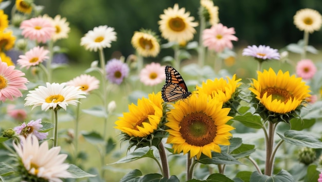 A vibrant garden scene with sunflowers blossoms and a butterfly