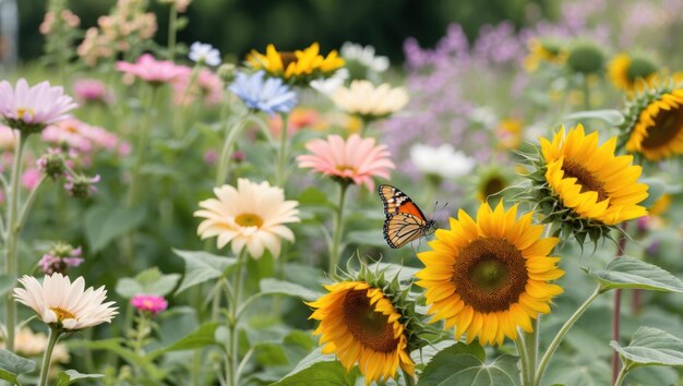 A vibrant garden scene with sunflowers blossoms and a butterfly