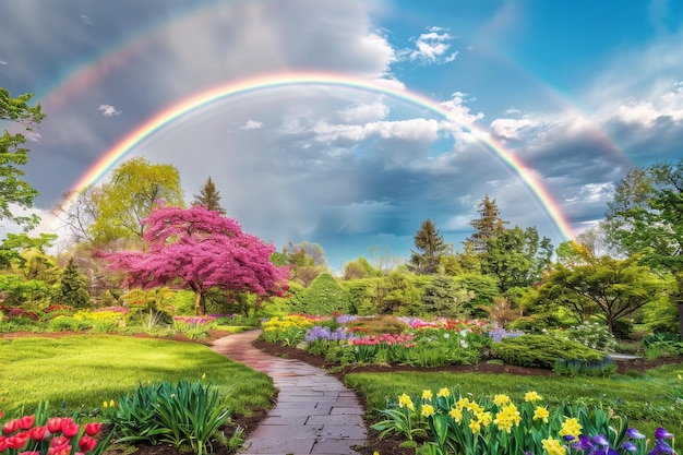 Vibrant Garden With Rainbow in Sky