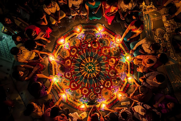 Photo a vibrant gathering around a colorful rangoli with candles celebrating cultural traditions