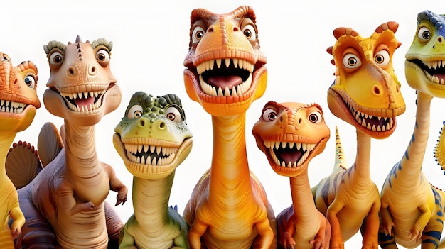 A Vibrant Gathering of Cheerful Cartoon Dinosaurs on a Clean White Surface