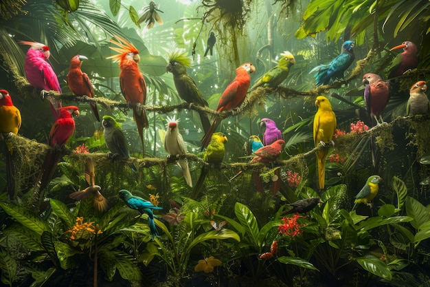 Vibrant Gathering of Exotic Multicolored Parrots in Lush Green Tropical Rainforest Habitat