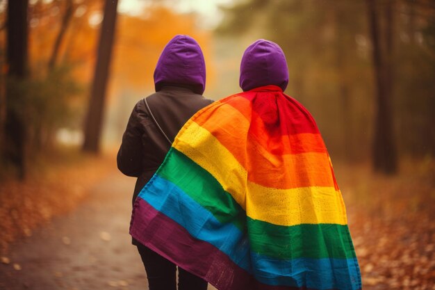 Vibrant Gay Couple Walking in Park with Colorful Rainbow Flag LGBTQ Pride and Love