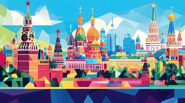 Photo vibrant geometric cityscape of traditional russian landmarks in moscow