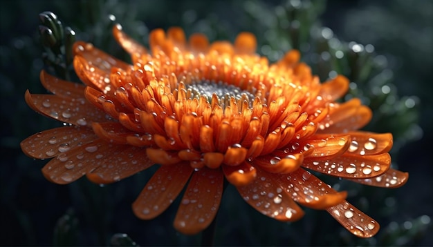 Vibrant gerbera daisy in wet meadow dew drops on petals generated by artificial intelligence