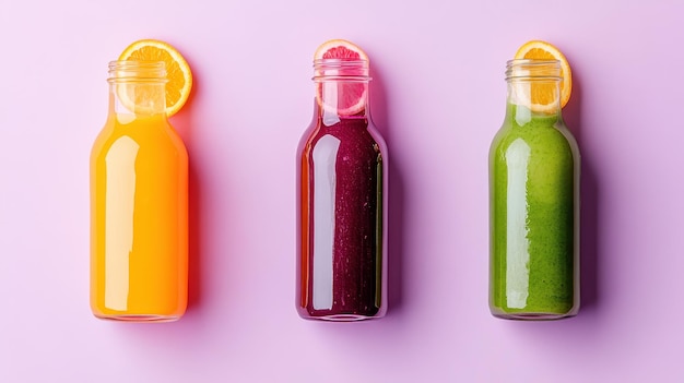 Vibrant glass bottles showcase orange beetroot and green juices on a lavender background